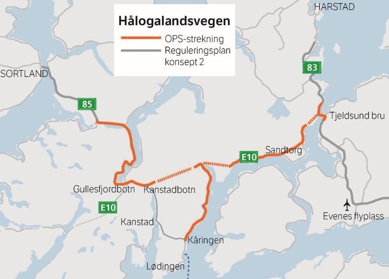 Offentlig-privat samarbeid (OPS) Nordland/Troms E6 Hålogalandsvegen byggestart 2021 E10/rv. 85 Tjeldsund- Gullesfjordbotn- Langvassbukt Totalkostnad 8,7 mrd., hvorav 1 mrd. bompenger.