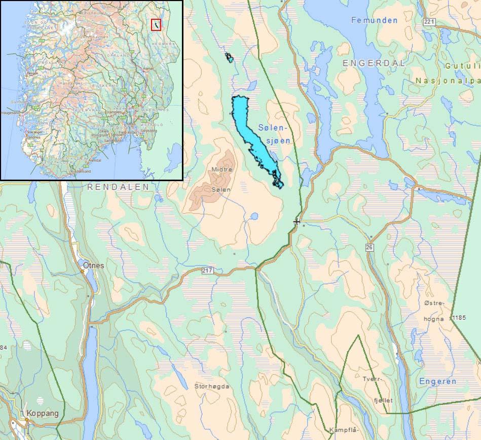 NIVA 6657-214 2. Områdebeskrivelse Sølensjøen (innsjønr. 1354) drenerer til Sølna og videre ut i Femund-/Trysilvassdraget og ligger nordøst i Rendalen kommunene i Hedmark (Figur 2).