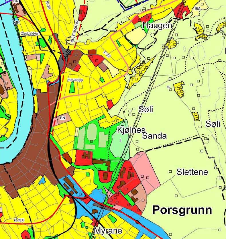 5.2 Kommuneplan Side 16 av 28 I kommuneplanens arealdel (Porsgrunn kommune 2007) er arealene satt av til Senterområde nåværende Boligområde nåværende Friområde nåværende Offentlig bygning framtidig