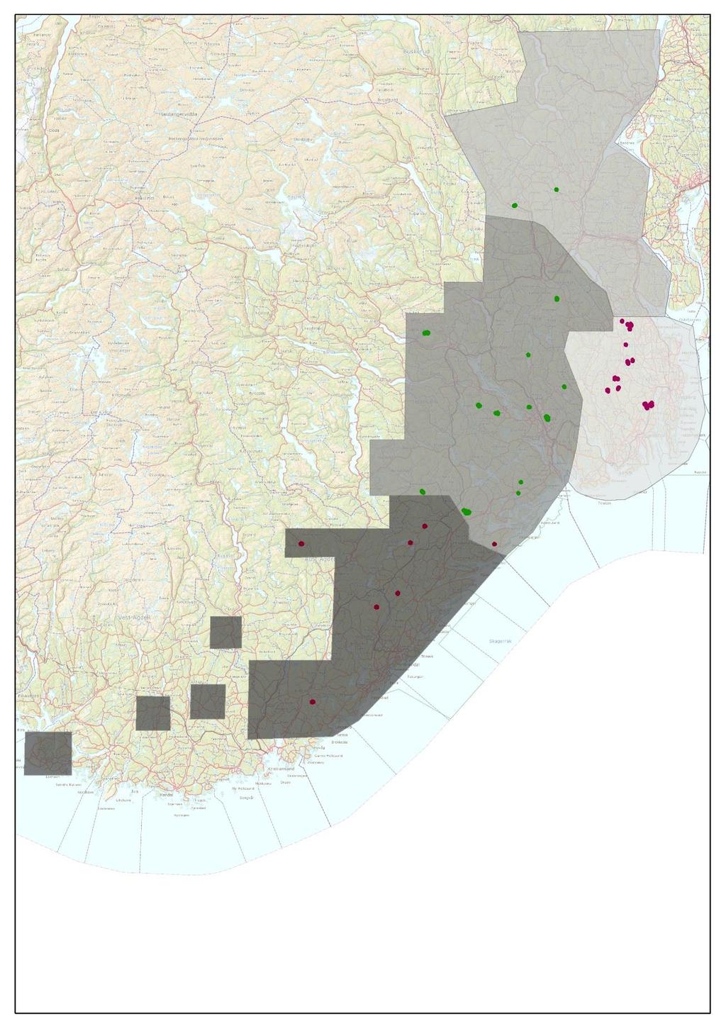 Figur 1. 37 lokaliteter registrert ved høgmyrkartlegging på Østlandet og Sørlandet 2016.