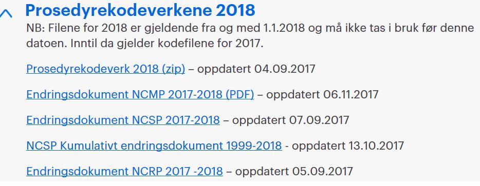 Kodelister og endringsdokumenter for 2018