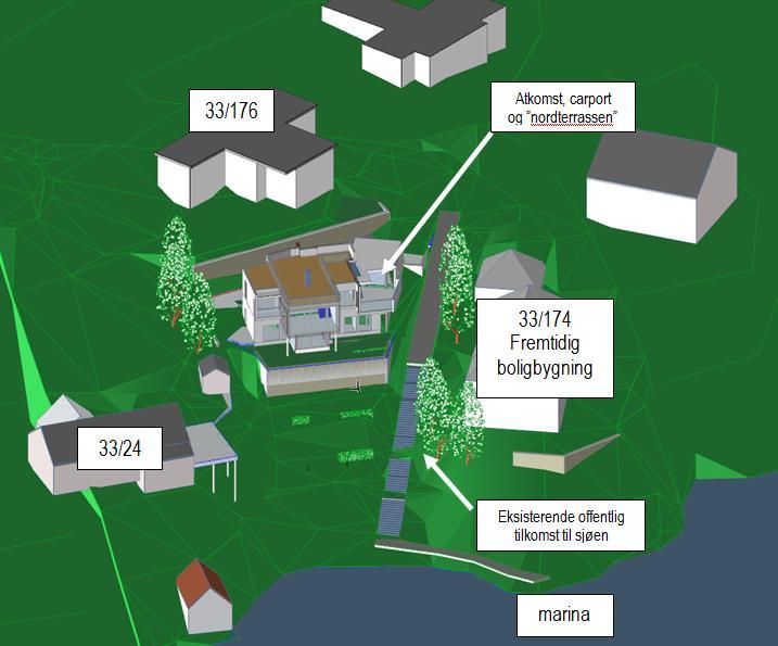 Omsøkte bolig består av et hovedvolum i 2 etasjer med en materialmessig tyngde, i framkant stikker stuedelen frem som et lettere element. Bygningen har med dette en tilpasning til tomtens karakter.