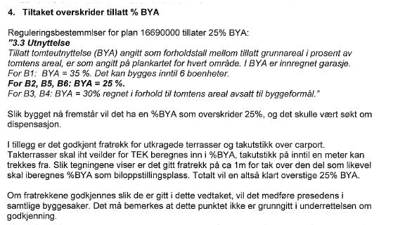 I søknadens dokumenter er det redegjort for utregning av BYA, blant annet med følgende