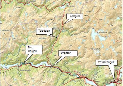 OMRÅDEBESKRIVELSE GENERELT Storegroe renner sørover fra Midtfjellet og ned til Brekkhus, som ligger øverst i Teigdalen i Voss kommune i Hordaland (figur 4).