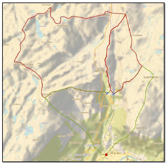 Figur 5. Nedbørfeltet og restfelt til planlagt Storegroe kraftverk (Sandsbråten 2011). Klimaet (mest sommertemperatur) er avgjørende for inndelingen i vegetasjonssoner (Dahl 1998).