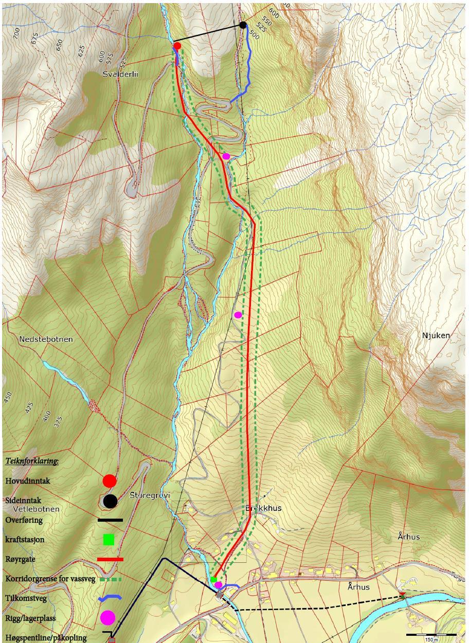 STOREGROE KRAFTVERK Storegroe kraftverk planlegger å utnytte fallet i Storegroe mellom høydekotene ca 476 m og ca 160 m, og tiltaksplanene er vist på kart i figur 1.