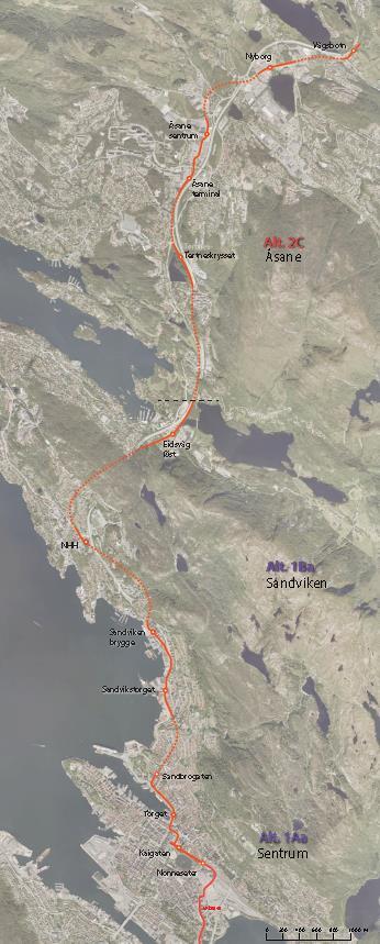 Bybanen til Åsane 13-14 km.