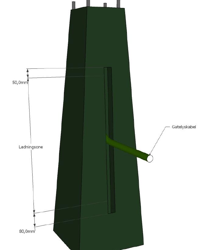 Innføring av kabler til gatelysfundament o Kabler og jordledning skal føres inn i kabelåpningen med god avstand til kantene. Minimum 8 cm på undersiden og minimum 5 cm på oversiden. Se skisse.