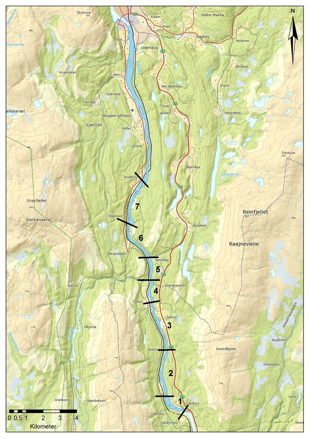 Figur 5. Kart der elvestrekningen mellom Laksforsen og Kvalforsen er inndelt i sju vassdragsavsnitt.