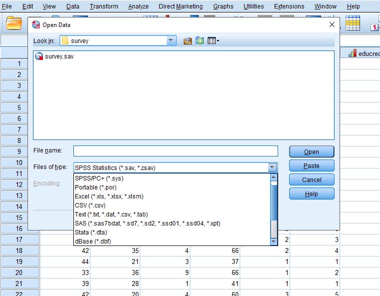 ÅPNE EN EKSISTERENDE DATAFIL File > Open > Data Datafiler i SPSS er filer av typen.