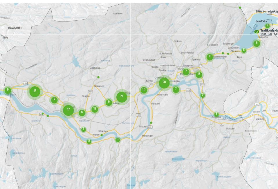 Vegkart: Antall trafikkulykker fordelt på vegstrekning 2010-2016. Fv.17 Fv.401 Fv.760 Kommunal veg Privat veg 22 4 2 4 96 I tillegg kommer ulykker registrert på skogsbilveg og gang-/sykkelveg.