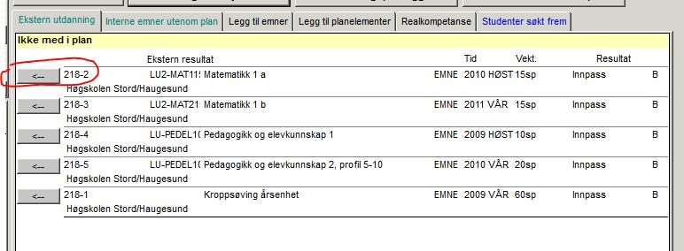 2. Klikk på den grå knappen med pil på ved siden av det emnet du skal legge til. Emnet legges da over i arbeidsområdet i midten. 3.