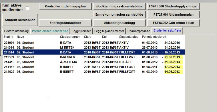 genereres inn i plan i det studieretten blir opprettet. FSWEB angir at studenten selv har lagt emnet inn i plan. Endret angir når emnet sist ble endret og av hvem.