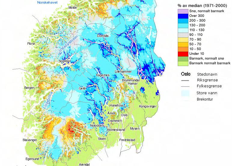 1.2 Snø Figur 5 viser snømengdene i Sør-Norge 3.april 28 som prosent av normalen (1971-2). Det var mer snø enn normalen over store områder på Østlandet.