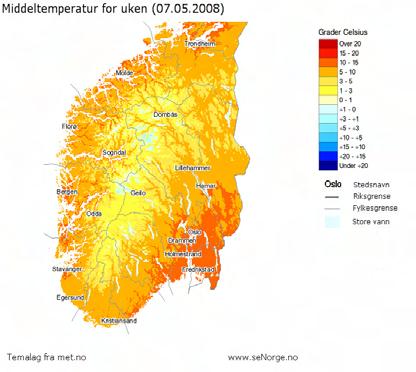 Figur 8. Nedbør og temperaturdata for de tre første ukene i mai 28. Kartene er basert på modellberegninger hvor input er observert nedbør og temperatur. Kilde: met.no og NVE (www.senorge.no).