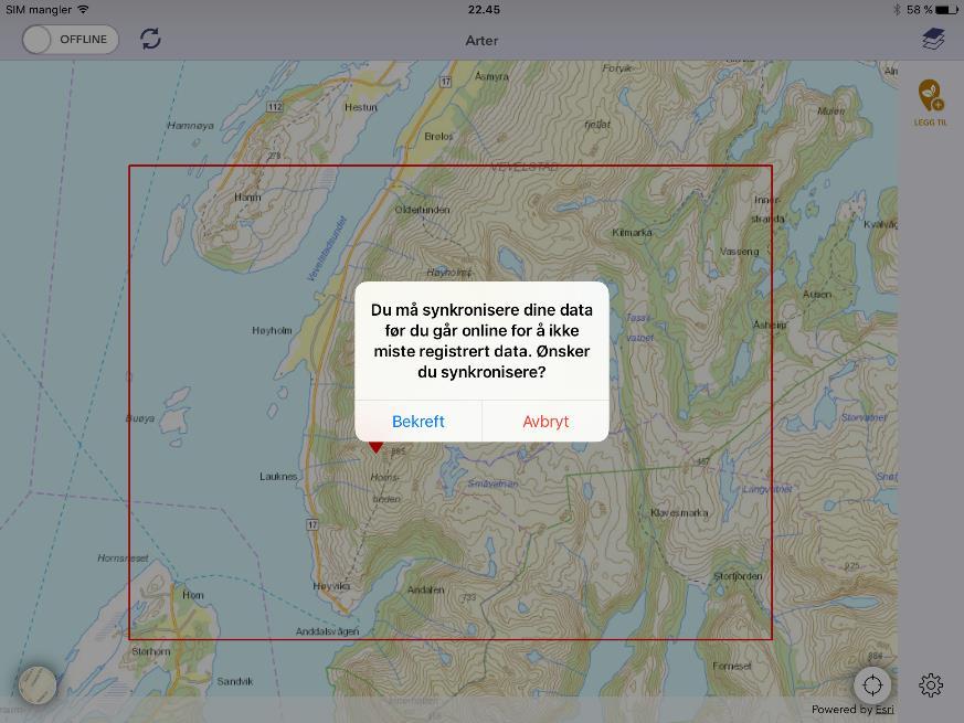 4.1.4 Registrering av lokaliteter og arter i offline modus Registrering skjer på vanlig måte, jf kap 3, men er begrenset til kartutsnittet du hadde da du satte appen i offline modus, jf.