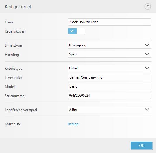 4.1.3.2 Legger til enhetskontrollregler Enhetskontrollregelen definerer handlingen som blir utført når en enhet som oppfyller regelkriteriet kobles til datamaskinen.