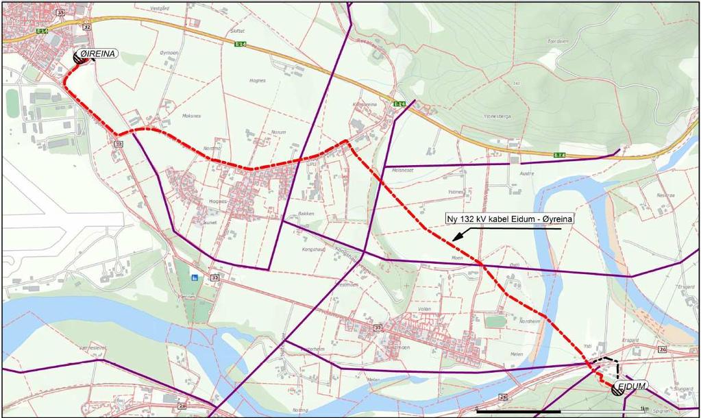 3.2 Alternativ 1, omsøkt endring: Omsøkt endring i forhold til gitt konsesjon mellom Eidum og Øireina benevnes i det etterfølgende alternativ 1.