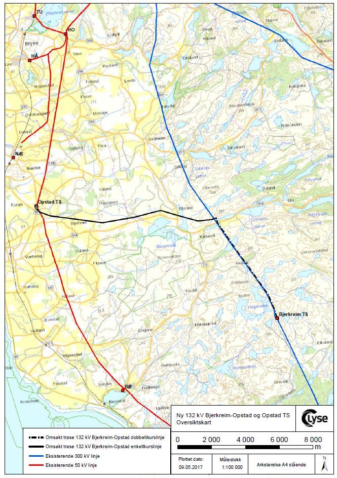 Omsøkt tiltak Ny 132 kv forbindelse mellom Bjerkreim transformatorstasjon i Bjerkreim kommune og en ny Opstad transformatorstasjon i Hå kommune Ny Opstad transformatorstasjon Omlegging