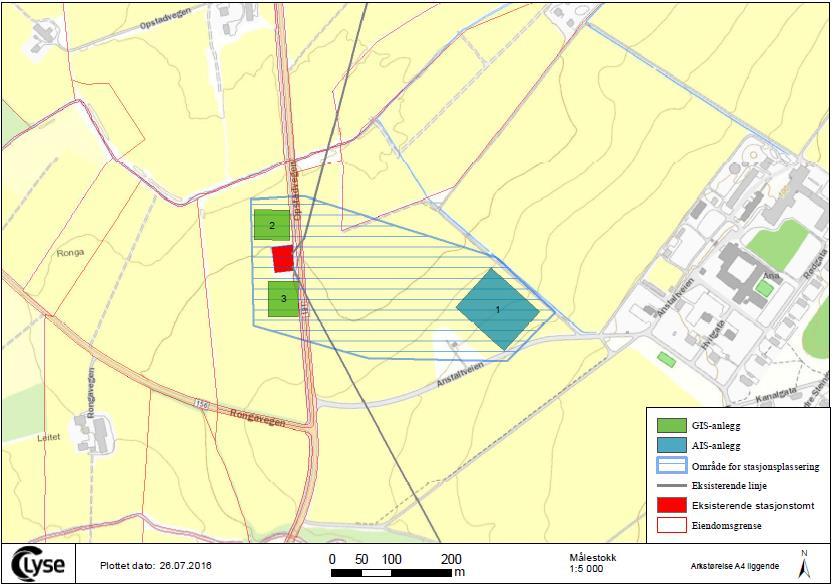 Vurderte plasseringer av ny Opstad transformatorstasjon Alternativ 1 ikke nærmere vurdert etter utredningsprogram fra NVE