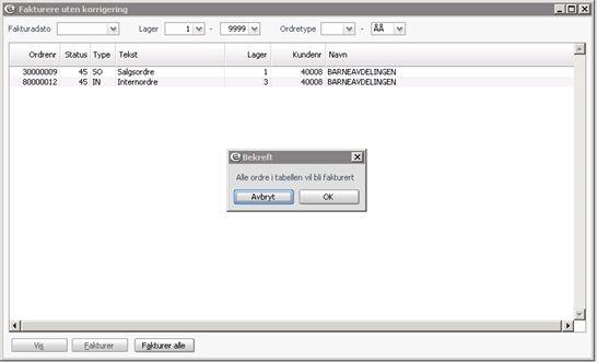 4.2 Fakturere uten korrigering Meny: ehandel>salg>fakturere>fakturere uten korrigering Dersom det ikke skal foretas endringer i fakturagrunnlaget og ordren er ferdigbehandlet kan du velge å fakturere