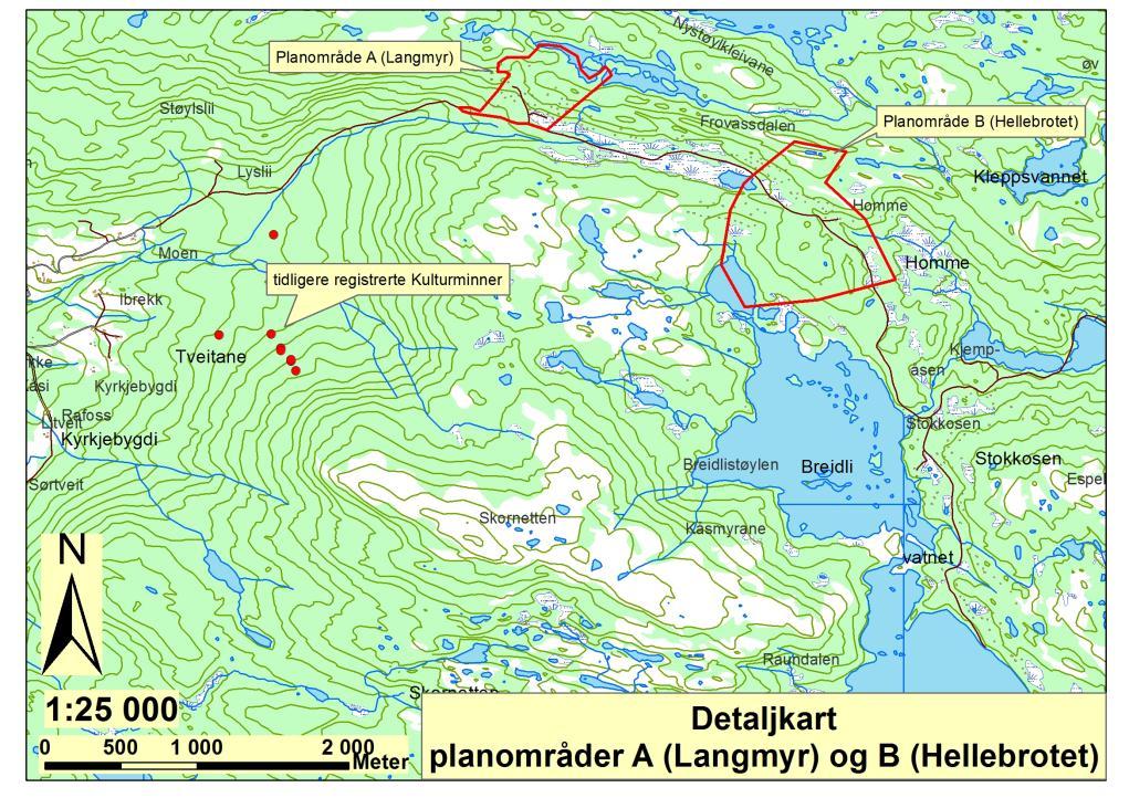 Delområde A ligger ved Langmyr mellom Kyrkjebygdheiaveien og Frovatn.