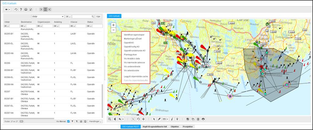 Kartintegrasjon GIS Brukerne planlegger i kartet, ser på objekter, viser aktive arbeidsordre, oppretter