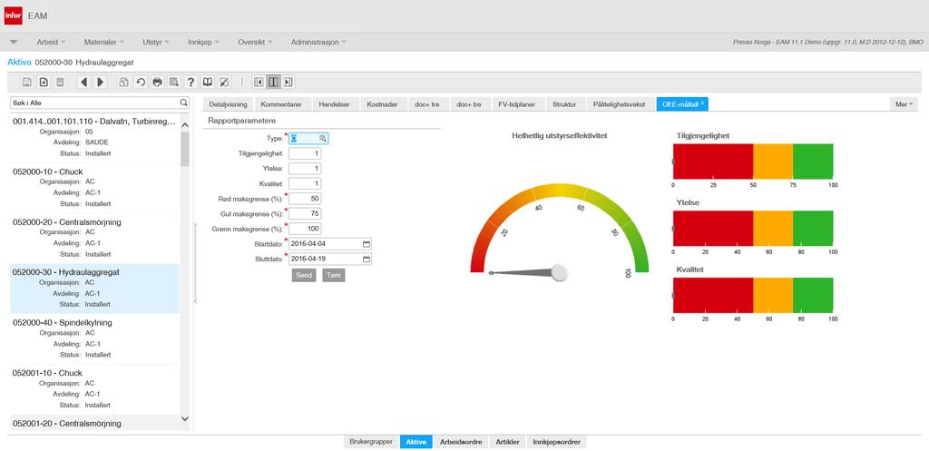 Innebyggde rapporter per utstyr, OEE måltall Funksjonalitet i Infor EAM og den innebygde rapportgeneratoren gjør det mulig å vise