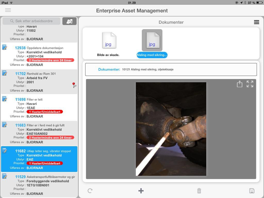 Infor EAM Mobile funksjoner Full arbeidshåndtering Utstyrsinformasjon Historikk Dokumentasjon Opplasting av bilder Materiell og reservedeler Uttak / Retur av deler Timeregistrering