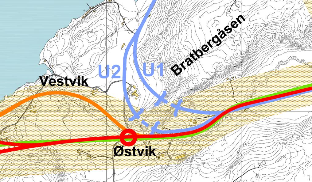 Tunnel 7 Tunnel 6 Figur 14: De to tunnelalternativene gjennom Bratbergåsen ved Benan. Svakhetssoner i grått. Målestokk 1: 10 000. 3.