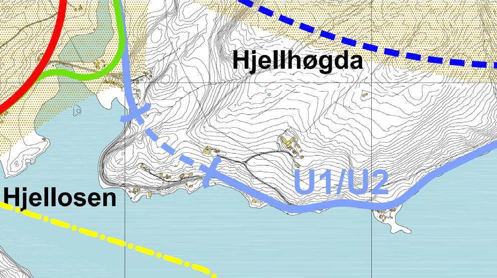 Tunnel 16 Figur 34: Tunnelalternativ 16 ved Hjellosen. Svakhetssoner i grått. Målestokk 1: 8 000. 3.16 Tunnel 16 Tunnel 16 blir om lag 350 meter lang og er orientert i sørøstnordvestlig retning.