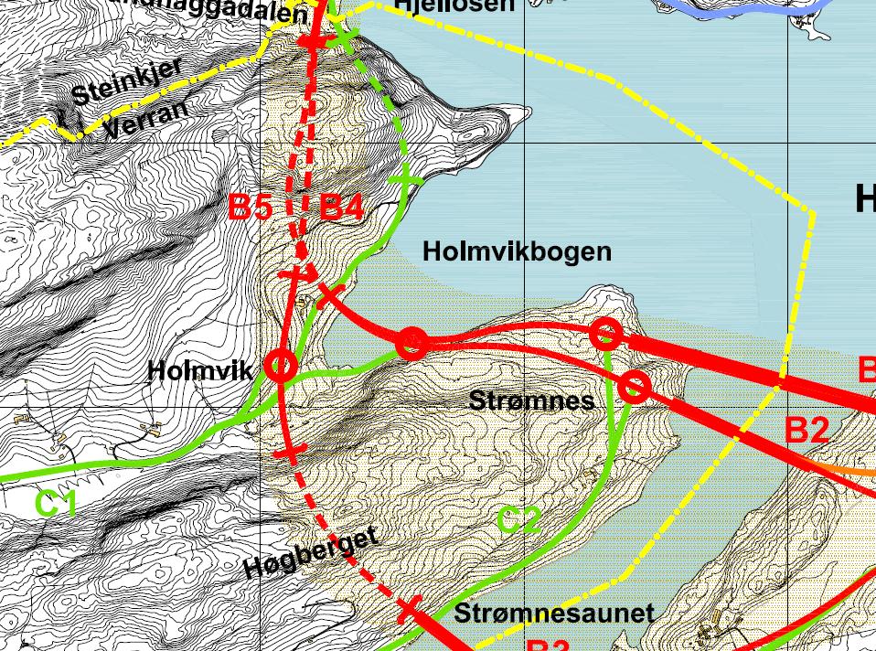 Tunnel 17 Tunnel 18 Tunnel 19 Figur 36: De 3 tunnelalternativene ved Hjellosen, Holmvikbogen og Strømmen. Svakhetssoner i grått. Målestokk 1:10 000. 3.17 Tunnel 17 og 18 Tunnel 17 og 18 blir begge om lag 600 meter lange og er orienterte sør-nord.