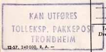 Pakkepost T.heim Størrelse: 74 x 11 mm Stempel nr. T toll O5 Tekst: KAN UTFØRES Farge: Blålilla TOLLEKSP. PAKKEPOST Størrelse: 53 x 23,5 mm TRONDHEIM Tidligste registrering: 30.