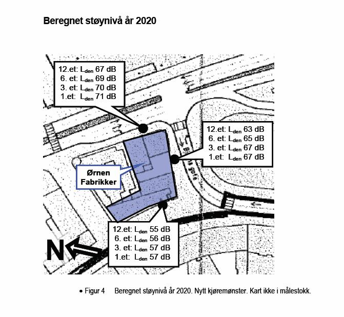 Figur 6.11 Beregnet støynivå år 2020 med nytt kjøremønster.