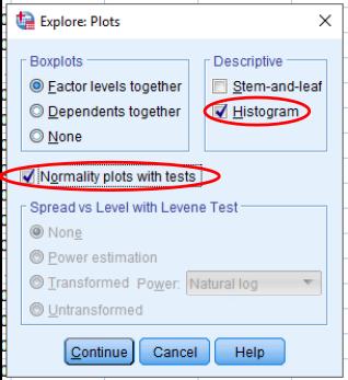 NORMALITET Explore: Plots Boxplots: Factor levels together - Dersom det er angitt en faktor-variabel vil dette velge å plotte dem sammen Boxplots: Dependents together - Dersom man har valgt mer enn