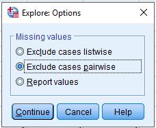 NORMALITET Explore: Options Exclude cases listwise: Eksluderer alle caser der det mangler et eller flere datapunkt Exclude cases pairwise: Eksluderer bare de casene som