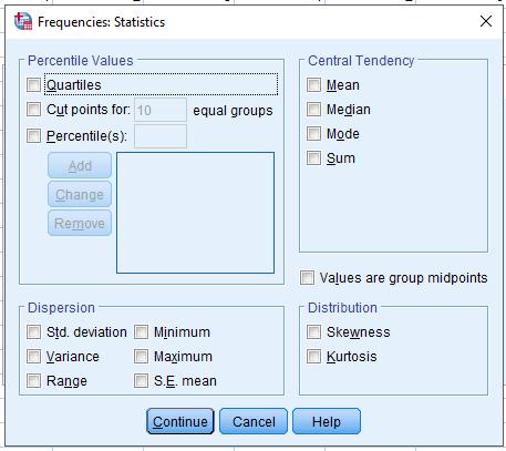 KATEGORISKE VARIABLE Frequencies: Statistics og Frequencies: Charts For