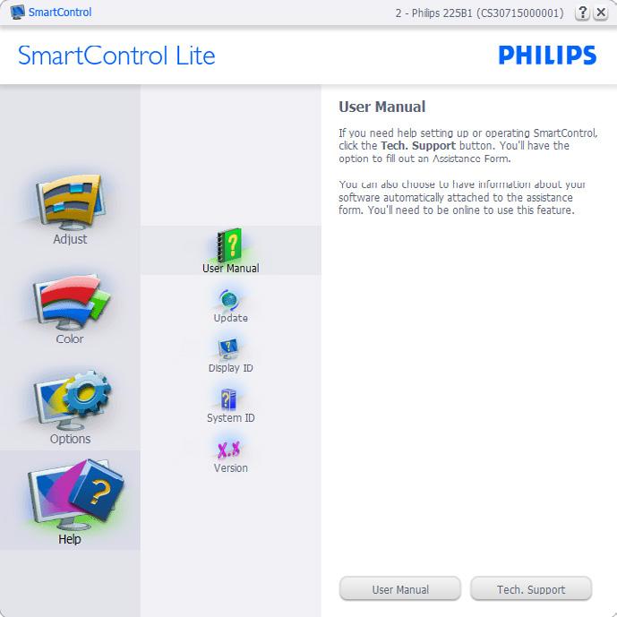 På en skjerm som ikke støttes, men er DDC/CIkompatibel, er kun kategoriene Help (Hjelp) og Options (Alternativer) tilgjengelige. Ingen andre SmartControl Lite-kategorier er tilgjengelige.