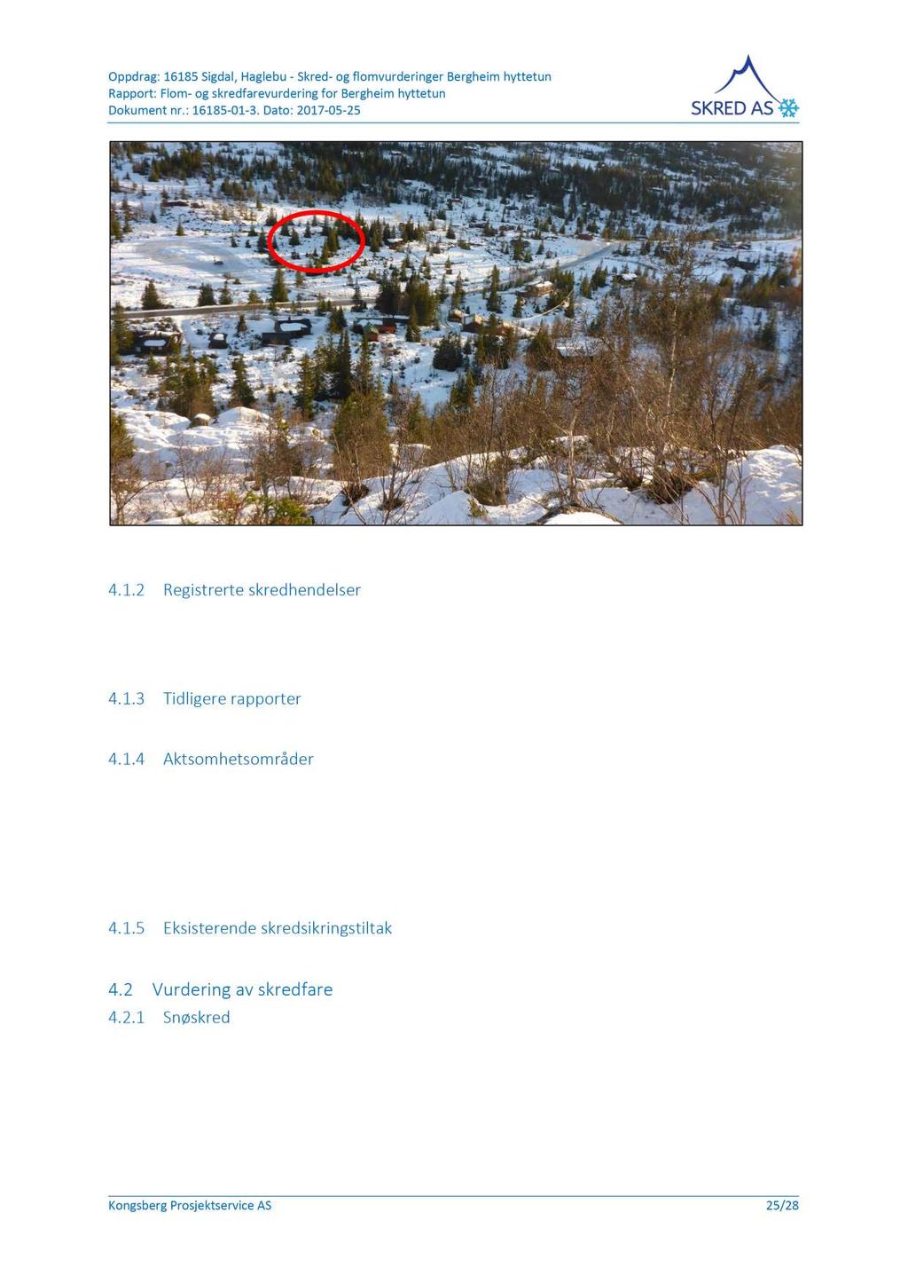 Figur 13 : Bilde tatt fra toppen av ryggen og ned mot planområdet. 4.1.2 Registrerte skredhendelser I nasjonal skreddatabase (N VE, 2016) er det ikke registrert skredhendelser i den aktuelle fjellsiden, og heller ikke i nærliggende områder.