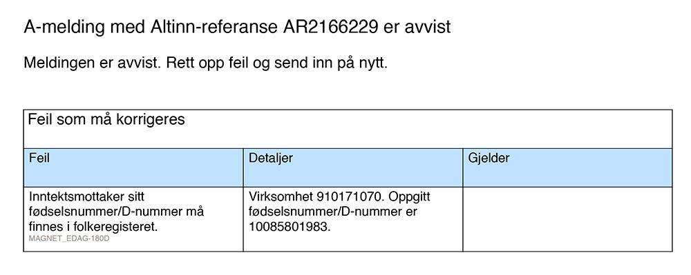 En avvist a-melding er ikke registrert som mottatt. Du må sende ny a-melding innen ordinær frist.