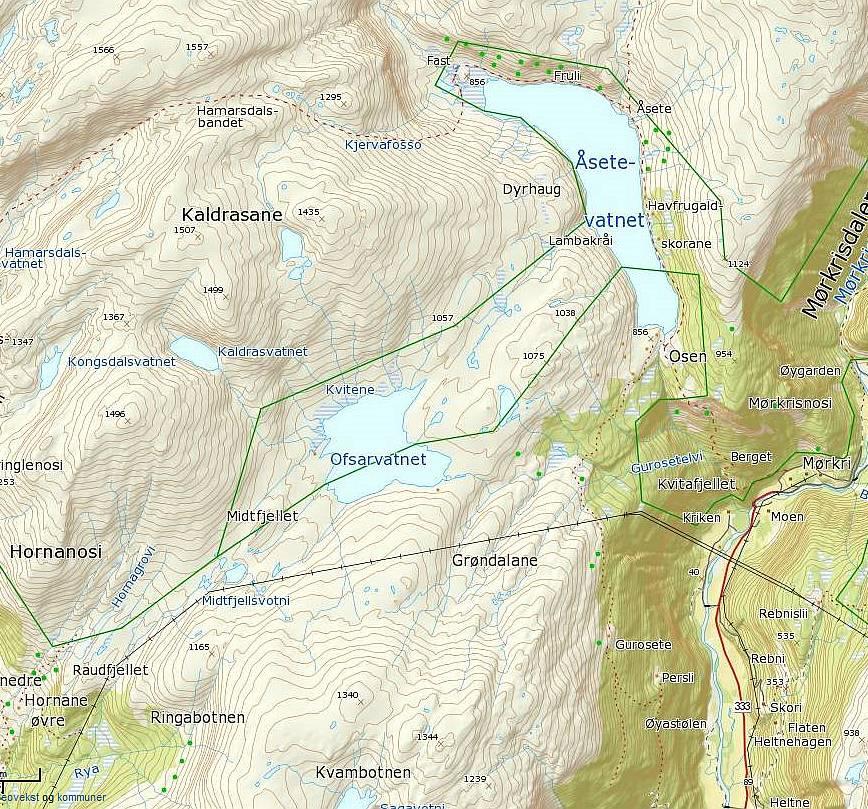 Alternativ trase ved dårleg is på Ofsarvatnet. Figur 1. Trase for bruk av snøskuter i området Ofsarvatnet - Osen - Åsete/Fast innanfor Mørkridsdalen landskapsvernområde.