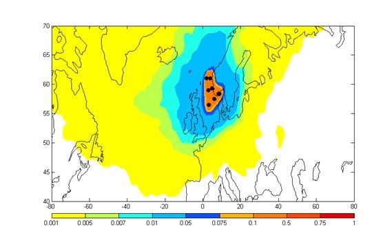 Fotavtrykkskart som angir hvor luftmassene har utvist størst sensitivitet til å fange opp utslipp som kan ha forekommet i nedre luftlag (0-100 meter), representert med PCB-28 tracer, gjennomsnitt for