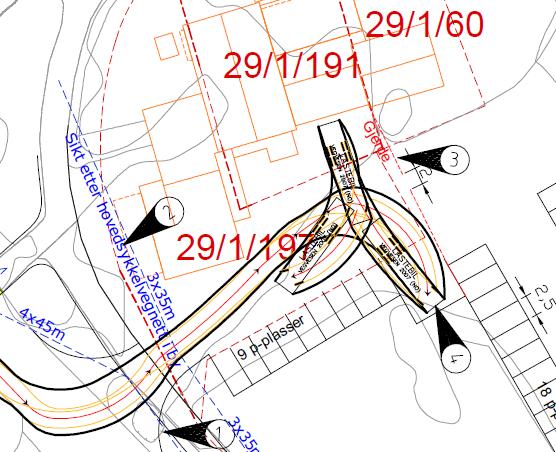 Figur 2: Situasjonsplan for planforslagets alternativ 1. Dagens avkjørsel (1) stenges og erstattes av fellesavkjørsel over rådhusparkeringen (8 m bredt areal mellom parkeringsrader).