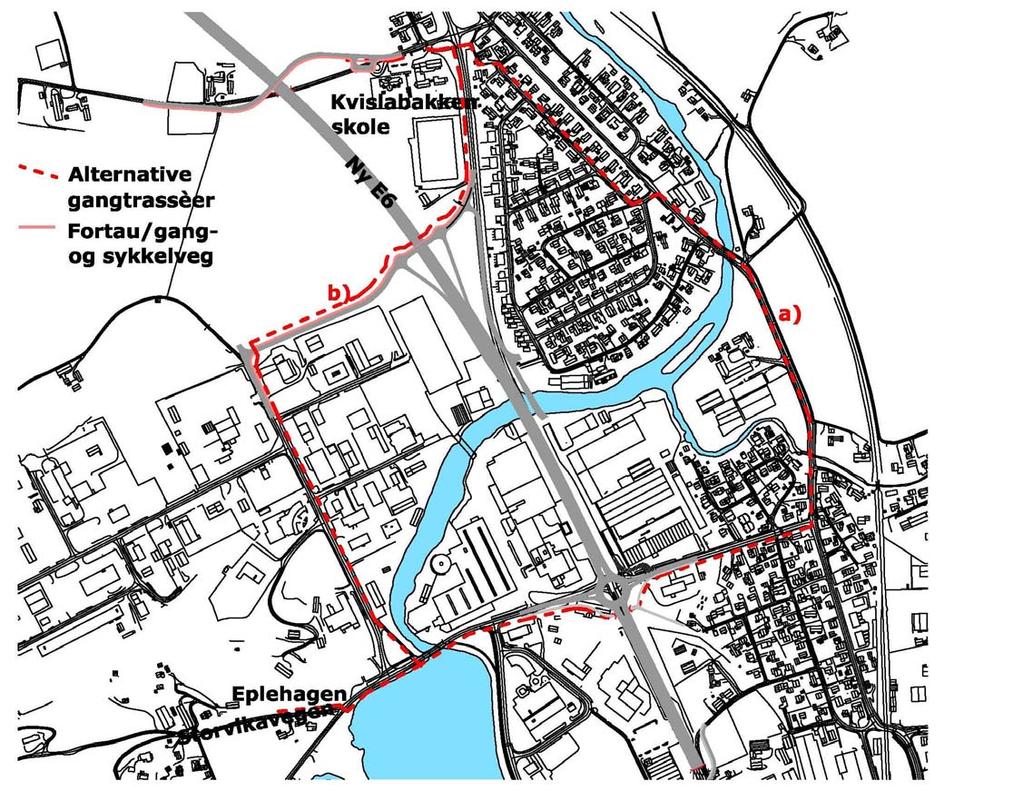 Begge trassèene inneholder fortau eller gang/sykkelveger som ikke eksisterer pr i dag, men som stort sett er regulert til dette formålet.