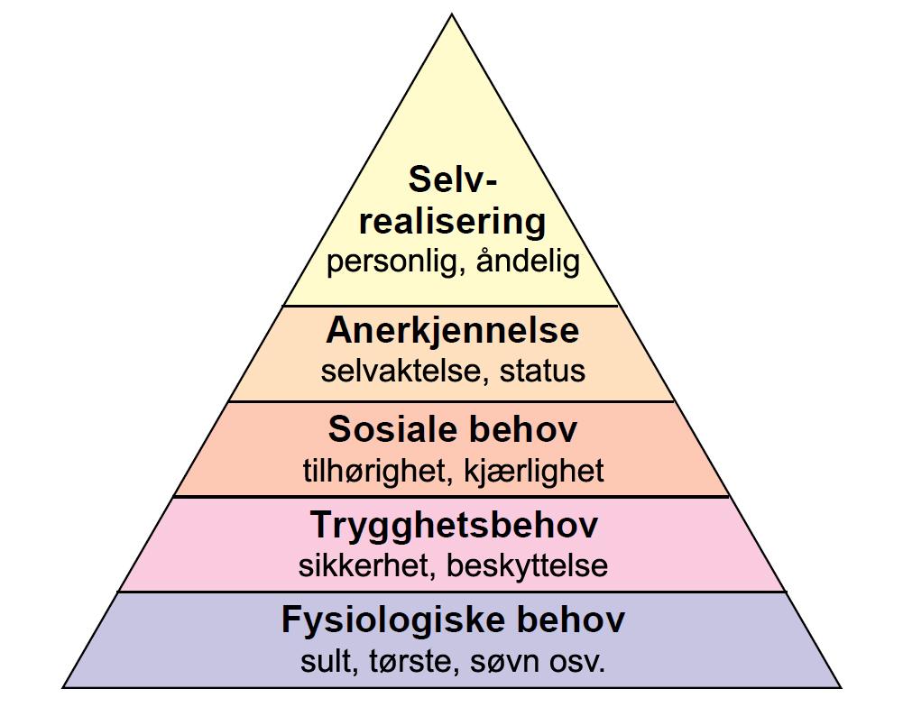 2.2.1 Maslows behovshierarki Maslow mente vi kunne dele menneskelige behov inn i fem hovedkategorier: Fysiologiske behov, sikkerhetsbehov, sosiale behov, anerkjennelse og selvrealisering.