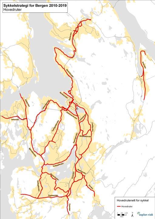 Sykkelstrategi for Bergen 2010-2019 Prioriterte hovedruter - Lagt inn i kommunens kartgrunnlag - Hovedrutenettet skal gi