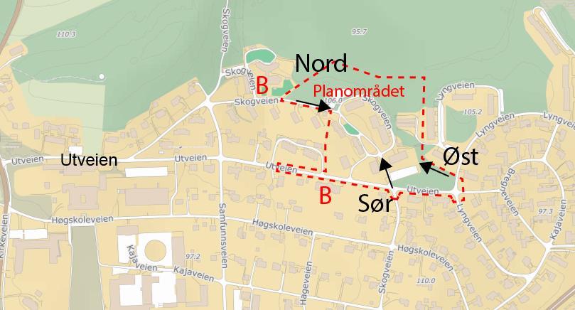 Adkomst til planområdet I forbindelse med planarbeidet er tre alternative adkomster for biltrafikk inn til planområdet vurdert, nord, sør og øst. Disse er vist i figur 10.