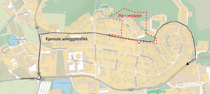 Figur 15. Tidligere vurdert kjørerute i anleggsperioden. Kjøreruten vurderes som mindre egnet enn ruten som vises i figur 13. (kilde kart: kart.finn.no).