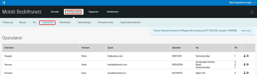 4.8 Operatører I menyen Operatører under «Konfigurasjon» kan administrator få full oversikt over hvilke operatører som er medlemmer av hvilke køer og med