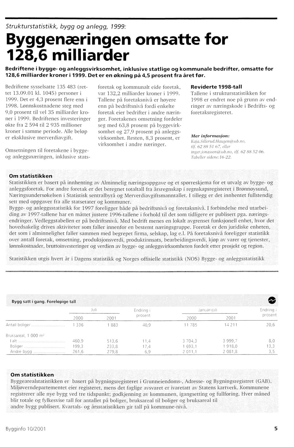 Strukturstatistikk, bygg og anlegg, 1999: Byggenæringen omsatte for 128,6 milliarder Bedriftene i bygge- og anleggsvirksomhet, inklusive statlige og kommunale bedrifter, omsatte for 128,6 milliarder